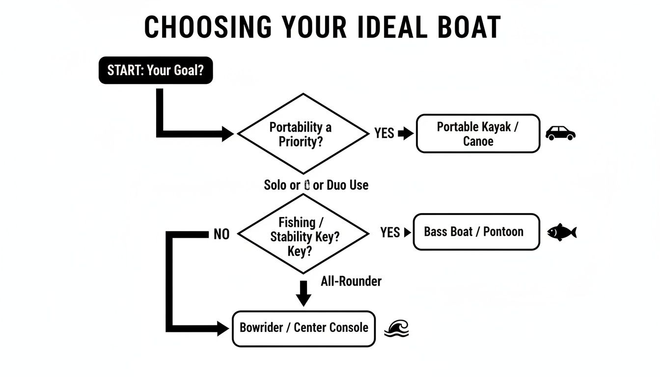 A flowchart guides users to choose an ideal boat based on portability, usage, and specific activities.