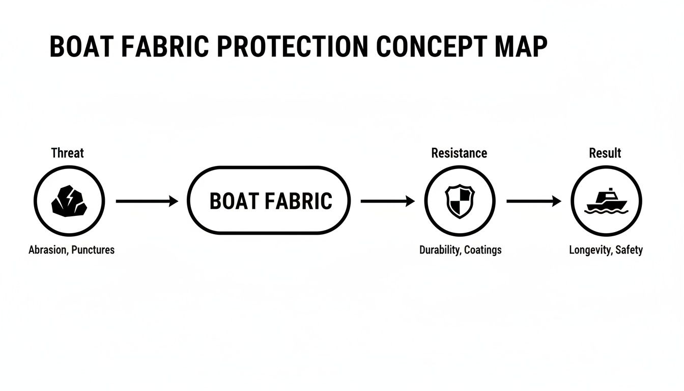 Concept map illustrating boat fabric protection, detailing threats like abrasion, resistance via durability, and results in longevity.