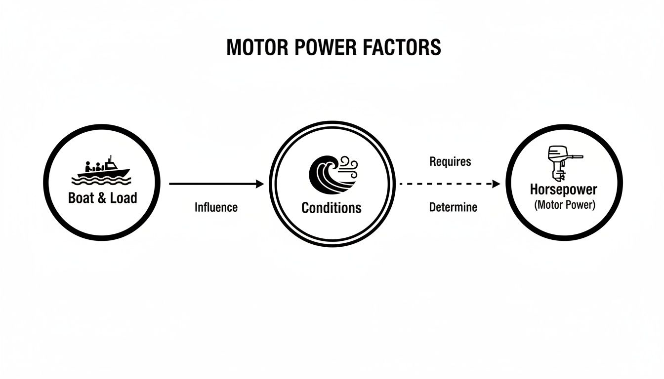 Flowchart illustrating how boat, load, and environmental conditions influence required motor horsepower.