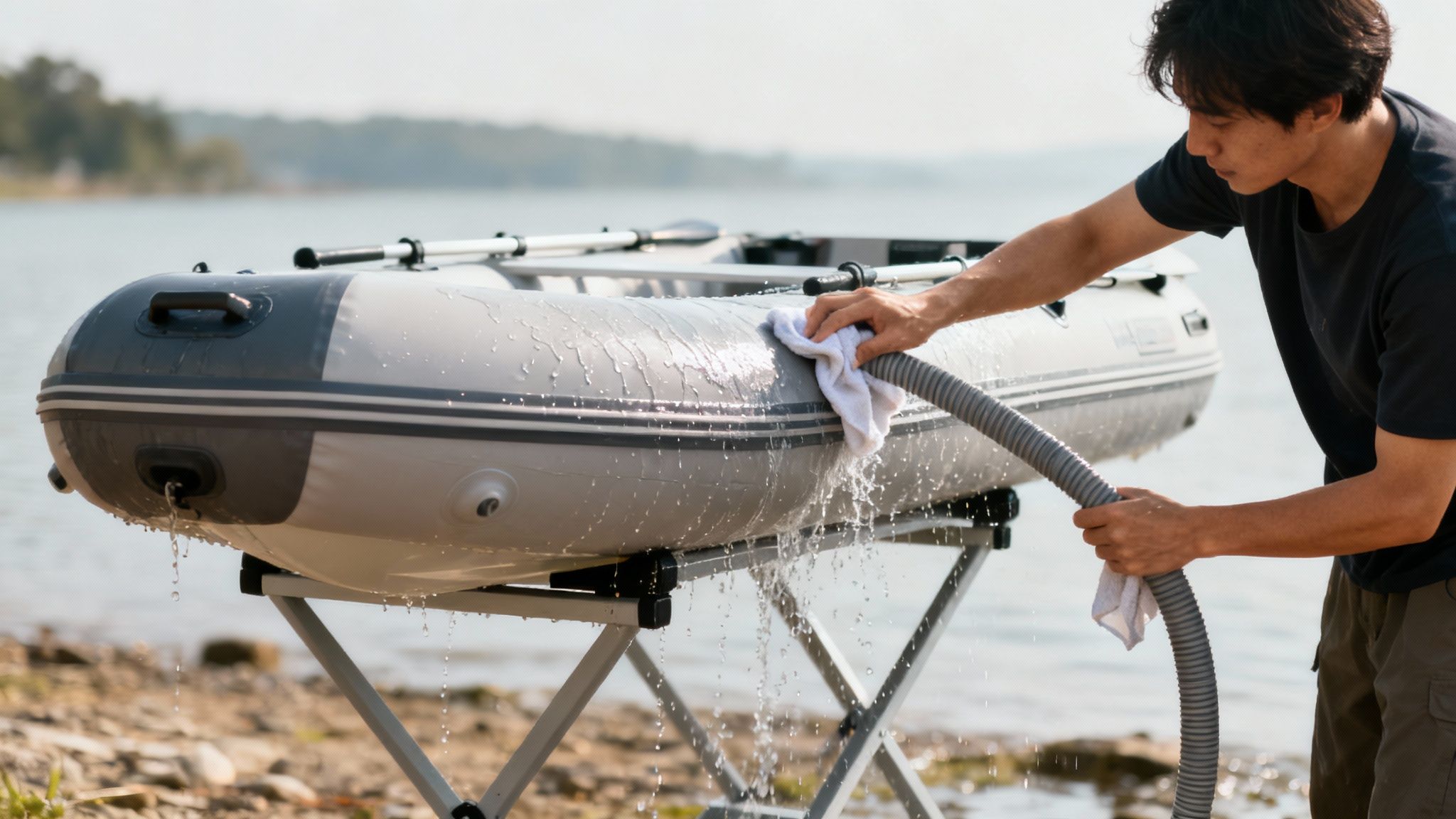 A person rinsing down an inflatable boat with a hose on a sunny day.