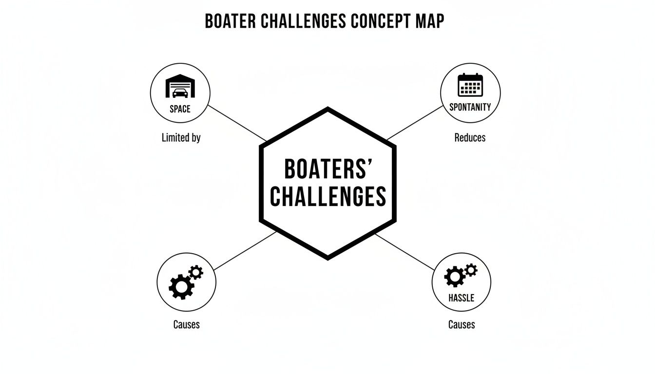 A concept map showing boater challenges, including limited space, reduced spontaneity, and hassle.