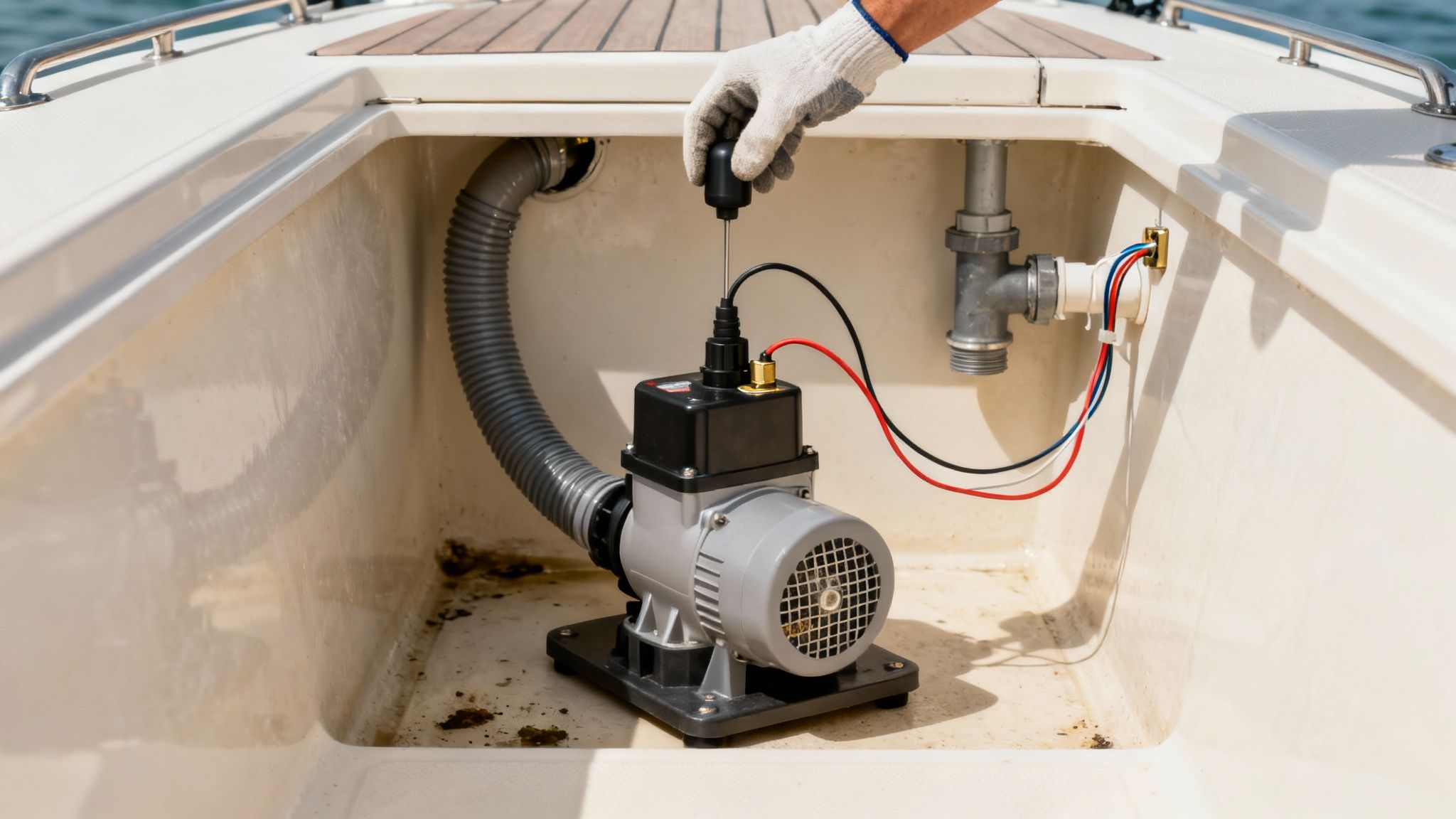 A person inspecting the wiring of an automatic bilge pump