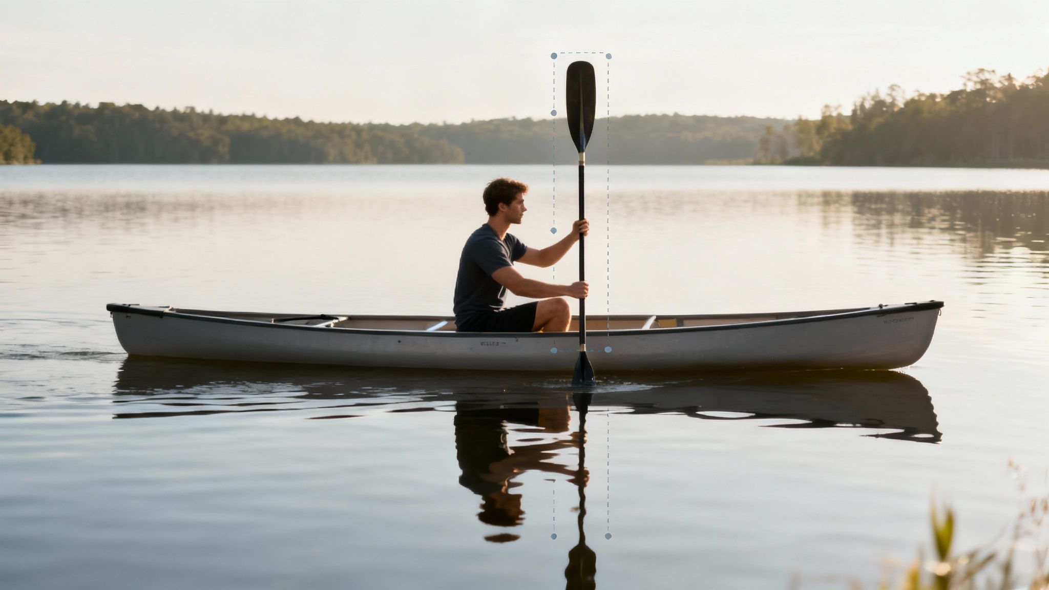 A person sitting in a canoe measuring the right size for their paddle.