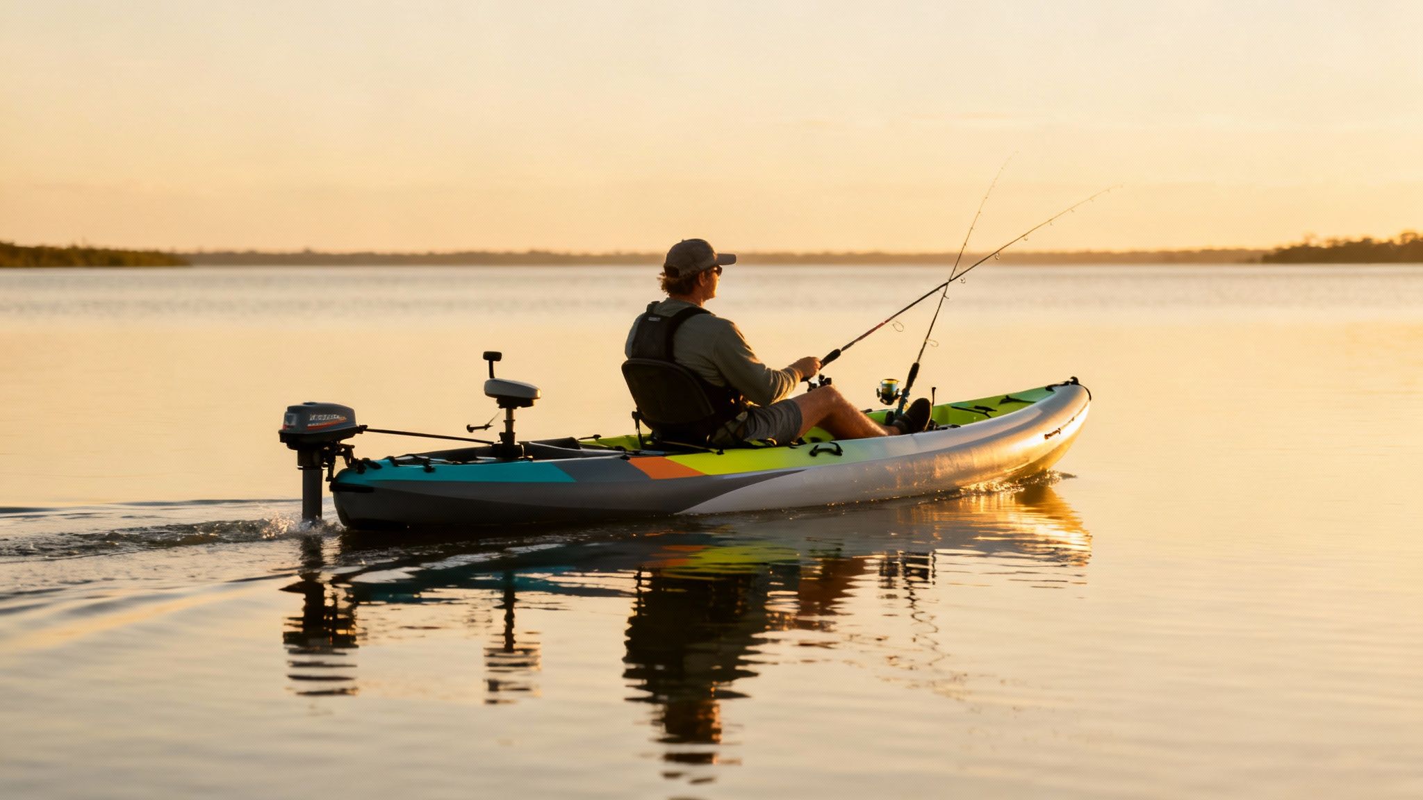 A man fishes from a colorful kayak with a trolling motor on a calm lake at sunset.