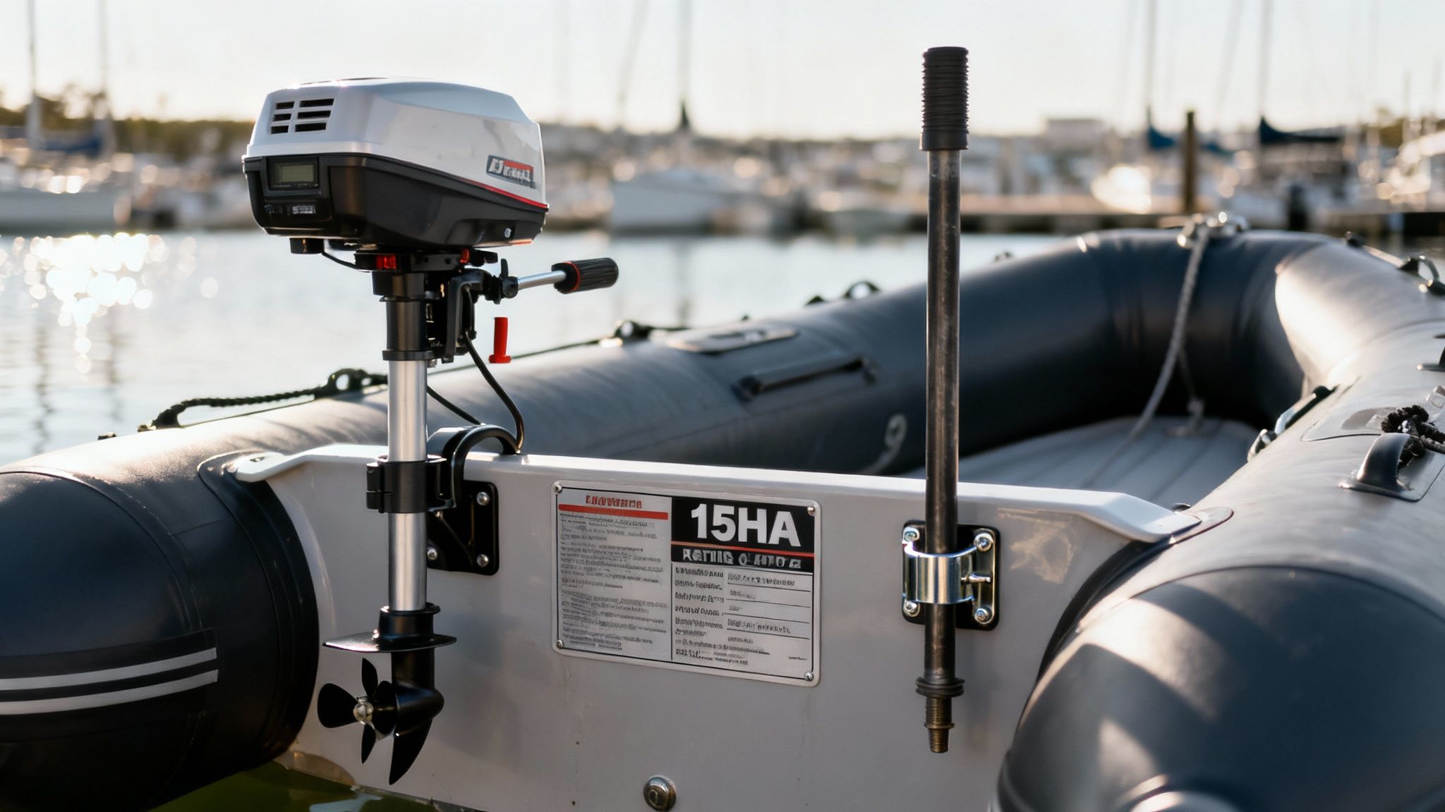 Close-up of a gray inflatable boat with a silver and black outboard motor in a sunny marina setting.