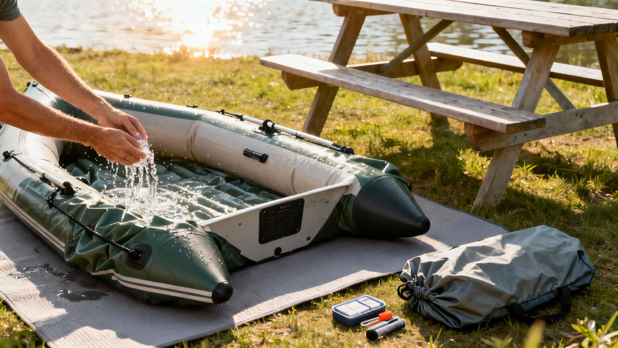 A person cleans an inflatable boat by a serene lake at sunset, with a picnic table and camping gear nearby.