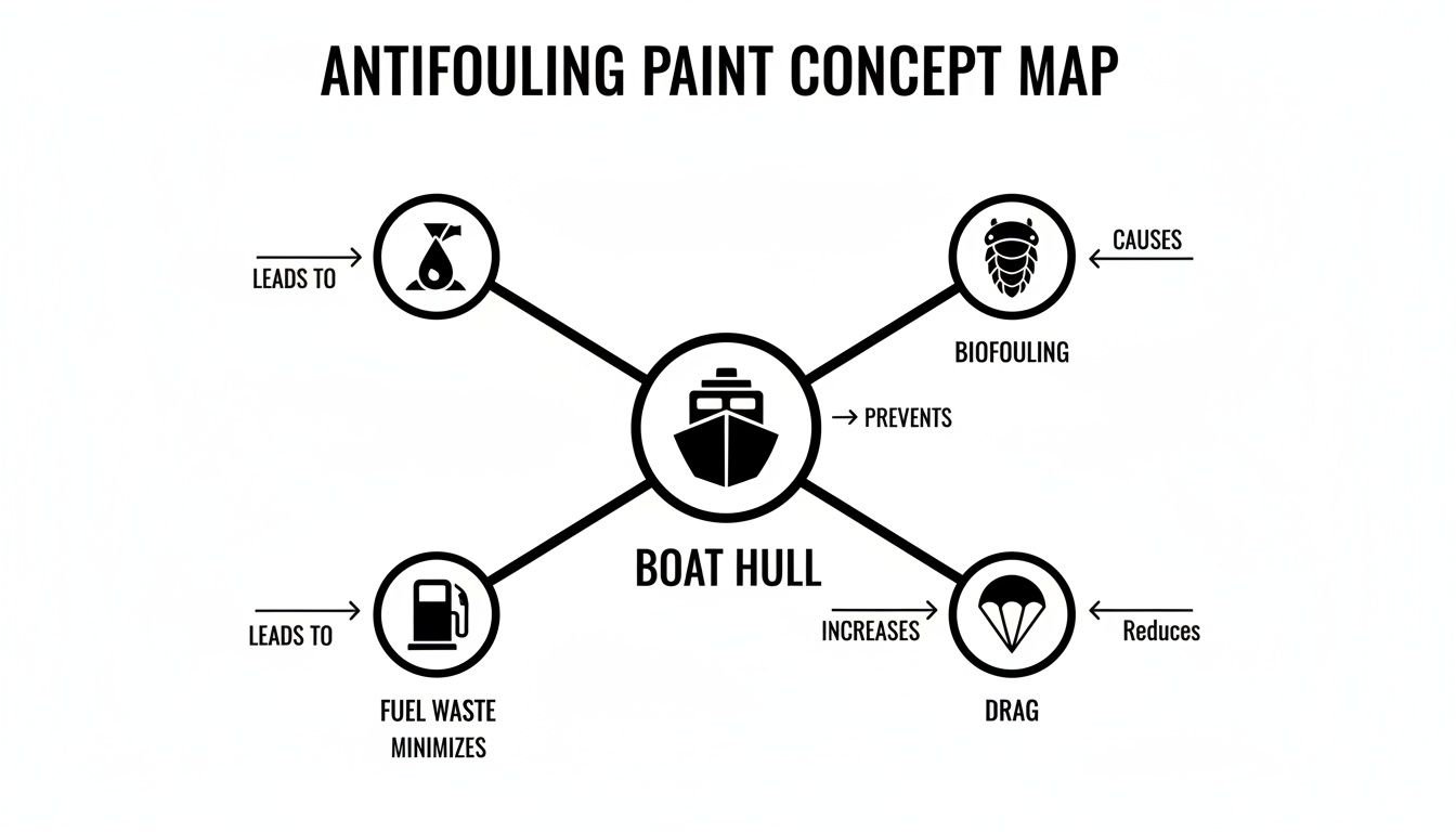 A concept map illustrating how antifouling paint protects a boat hull, preventing biofouling and reducing drag.