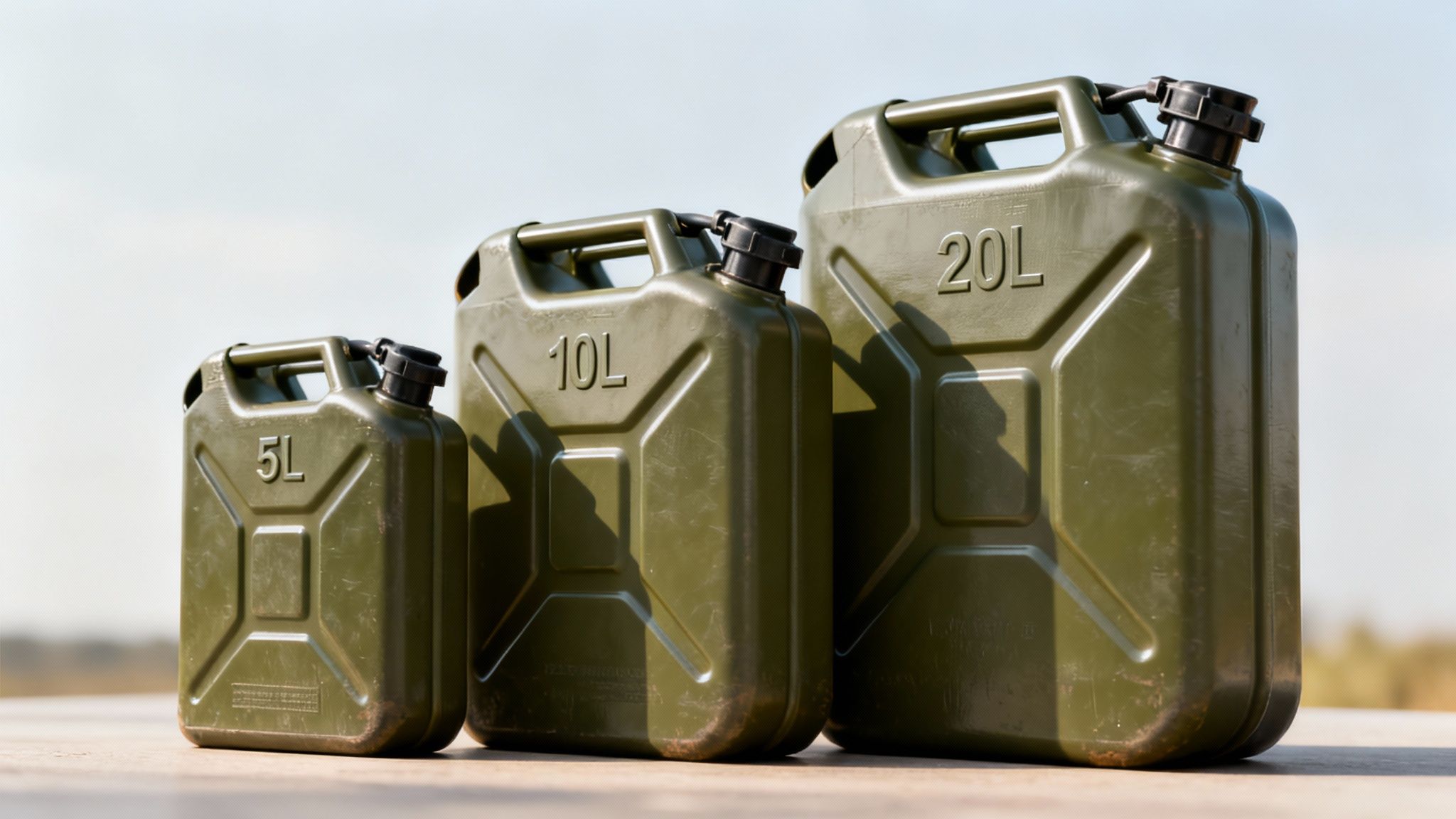A collection of different sized red portable petrol tanks lined up.