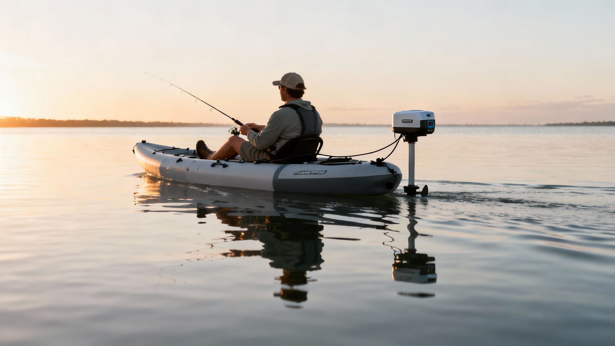 Kayaker fishing with a trolling motor on a serene lake at golden hour.