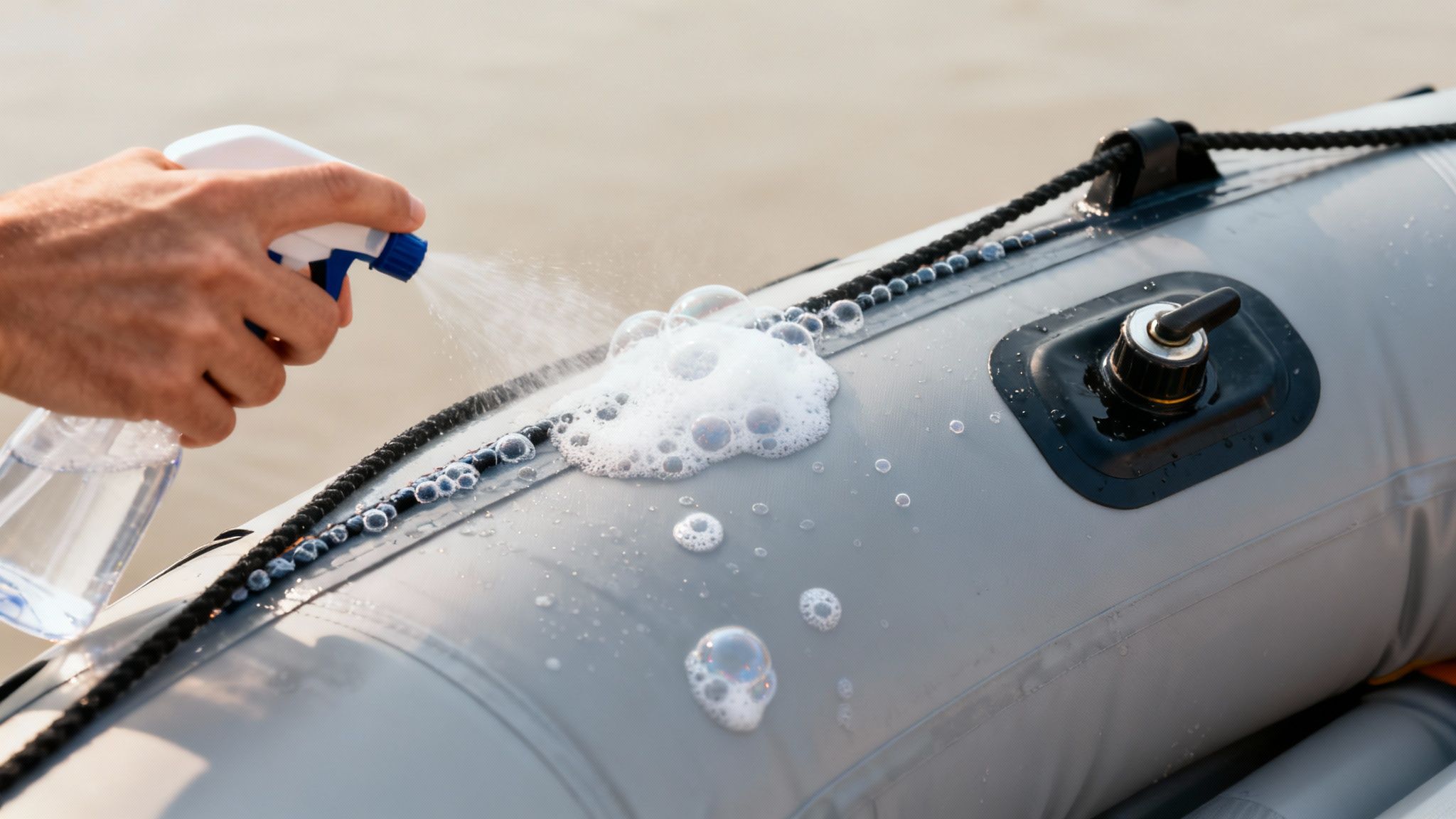 An inflatable boat being inspected for damage on the water.