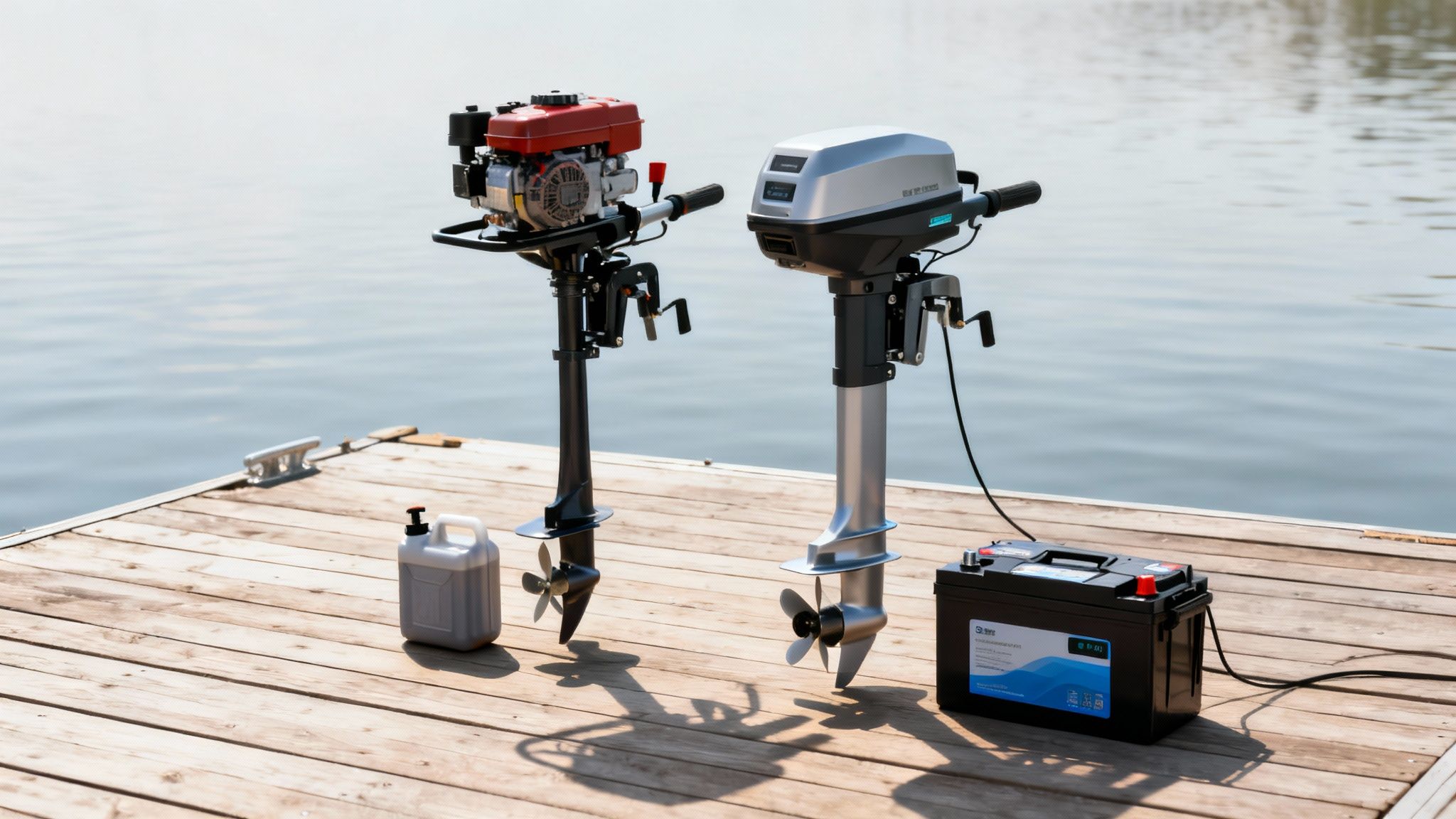 Two outboard boat motors, one gas and one electric, on a wooden dock by the water.