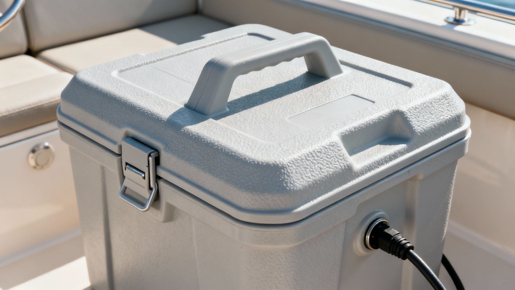 A close-up of a rugged, black marine battery box, highlighting its thick plastic construction and secure latches, perfectly suited for Australian waters.