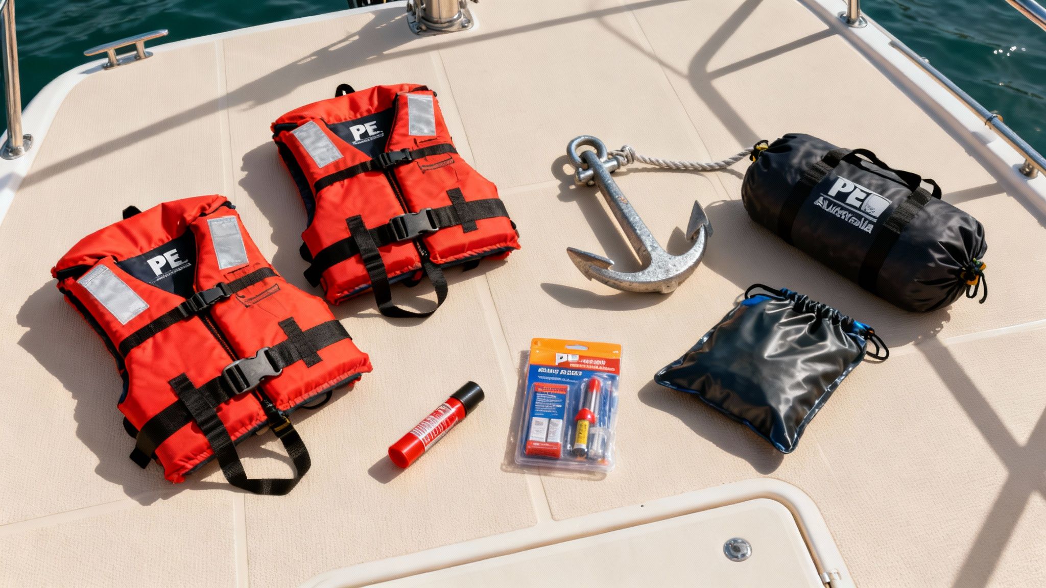 Two orange life vests, an anchor, and various boating safety essentials arranged on a boat deck.