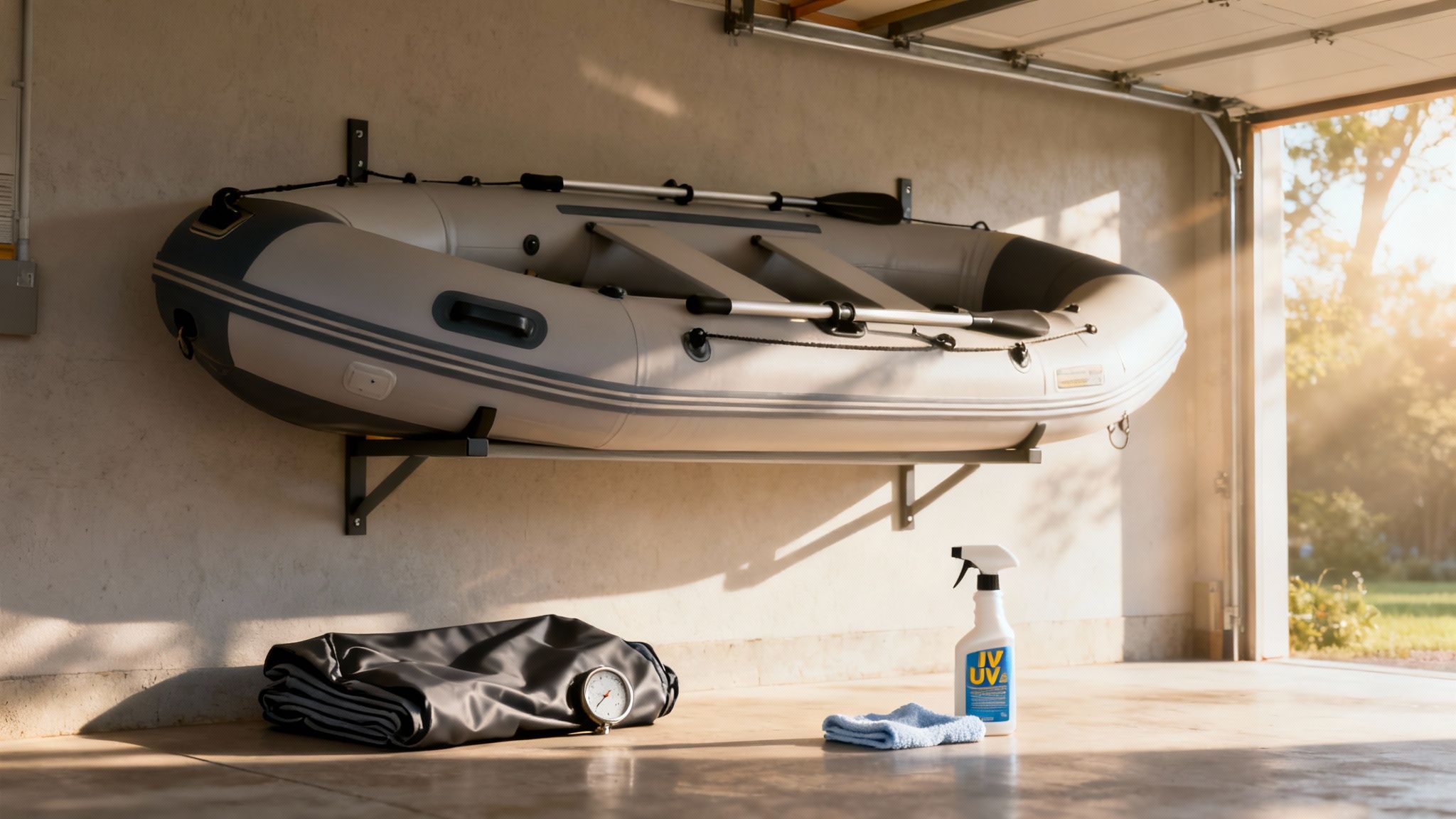 A person cleaning an inflatable rubber boat on a sunny day.