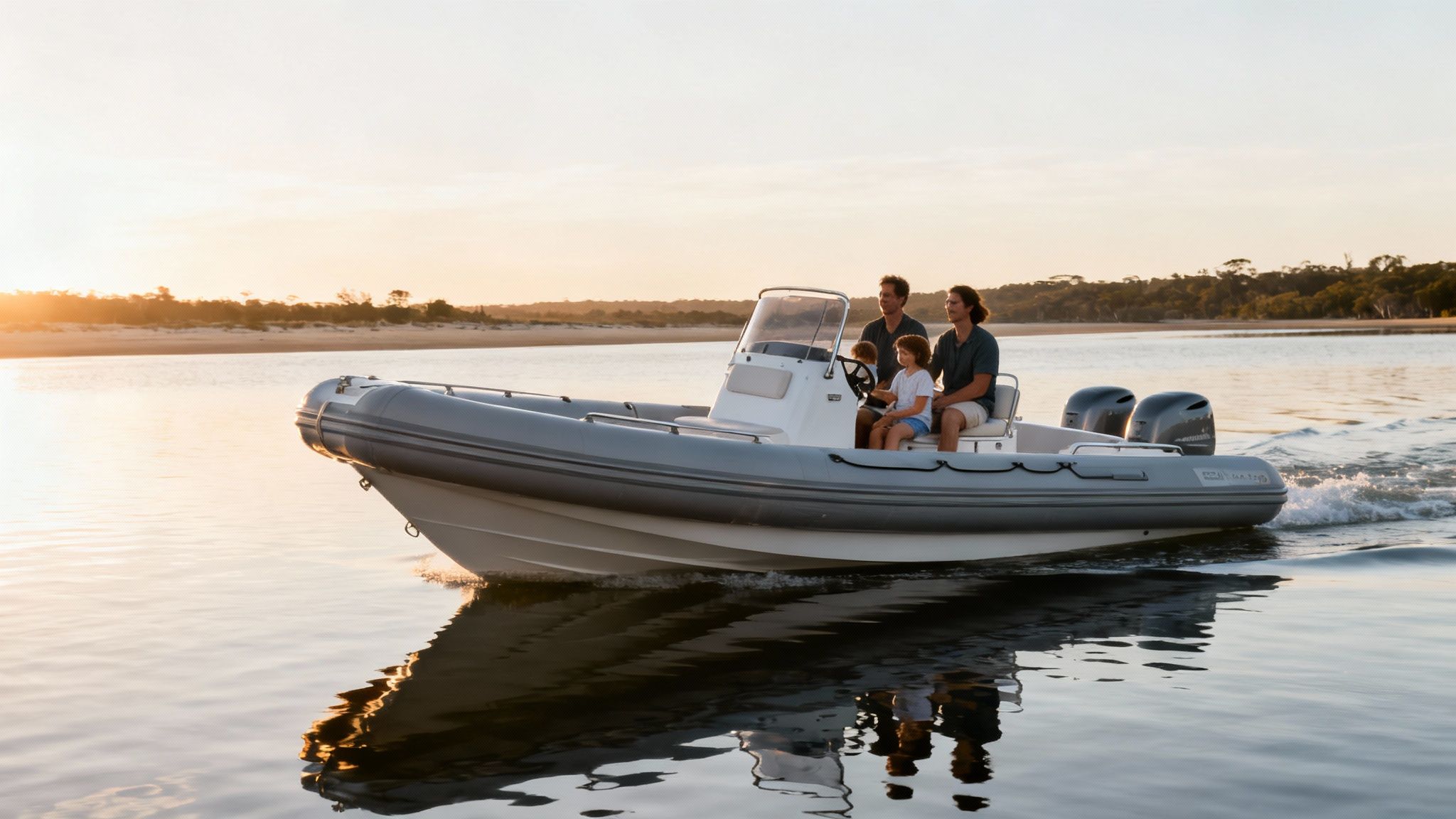 Family on a grey rigid inflatable boat with two outboard motors cruising at sunset.