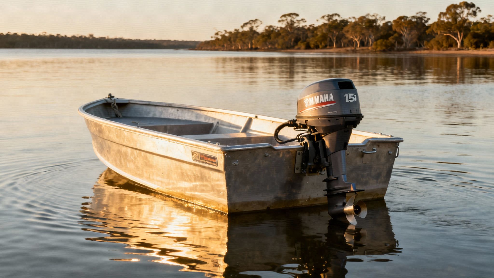 A Yamaha 15 hp outboard motor mounted on the back of a boat on the water