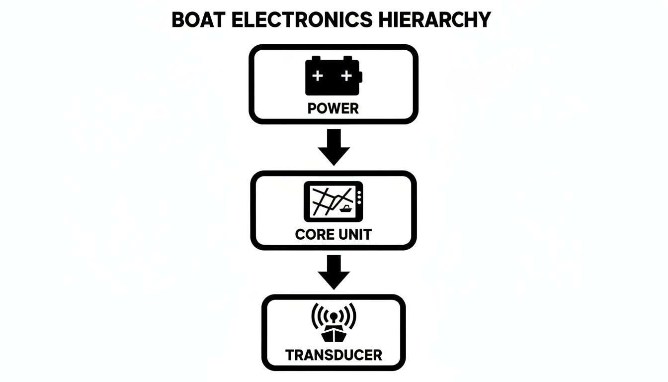 A diagram illustrating the boat electronics hierarchy, showing power to a core unit, then to a transducer.