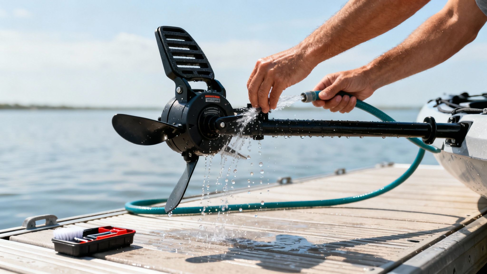 A person's hands hose down a kayak pedal drive system on a dock next to water.