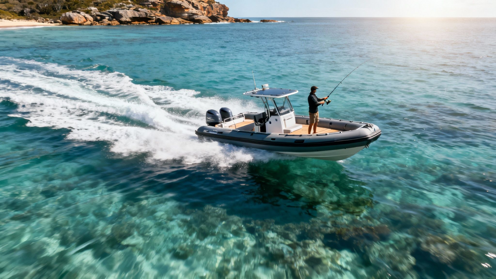 A family enjoys a day out on a rigid hull inflatable boat in Australian waters.