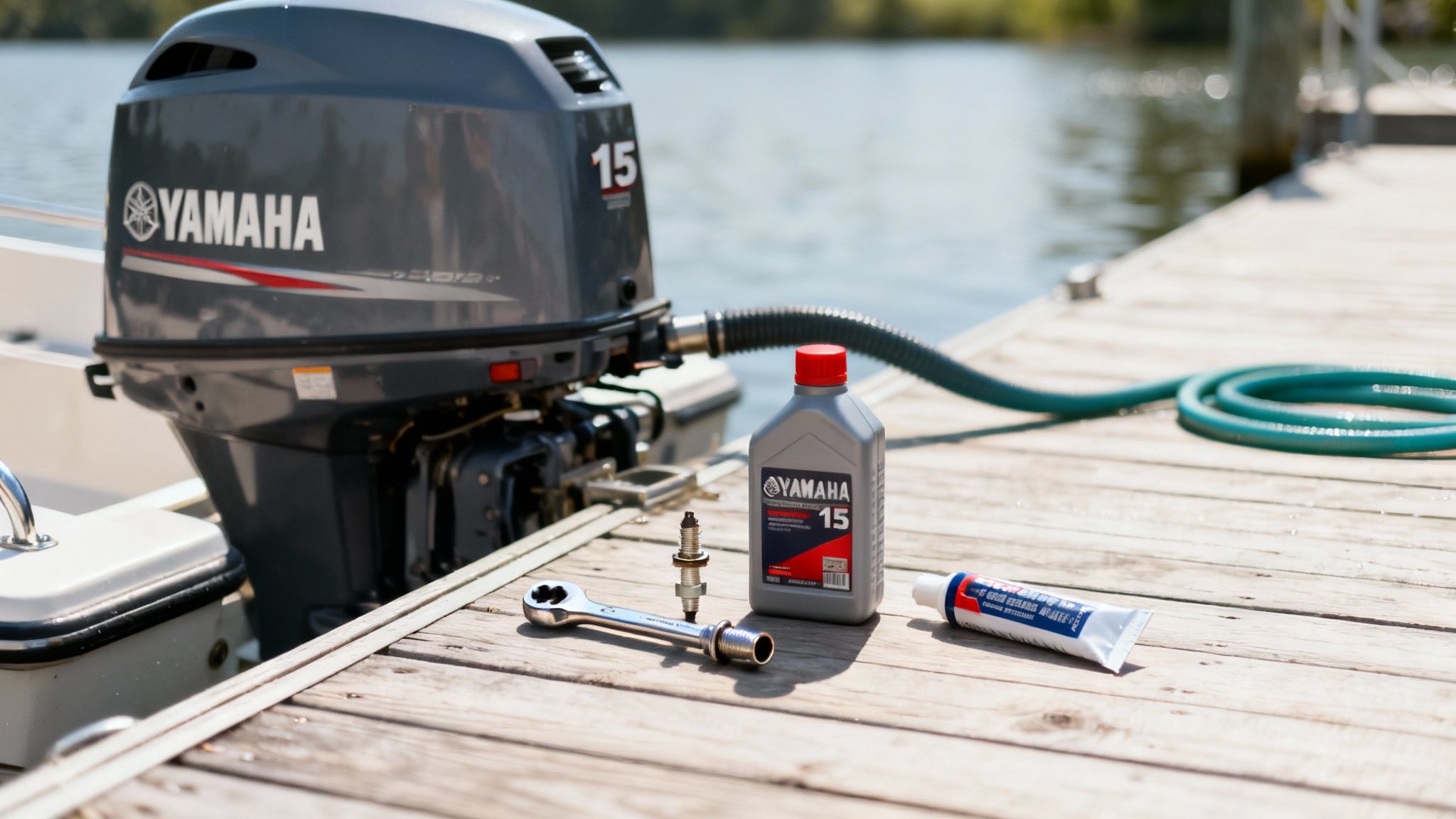 A person cleaning a Yamaha 15 hp outboard motor with a hose.