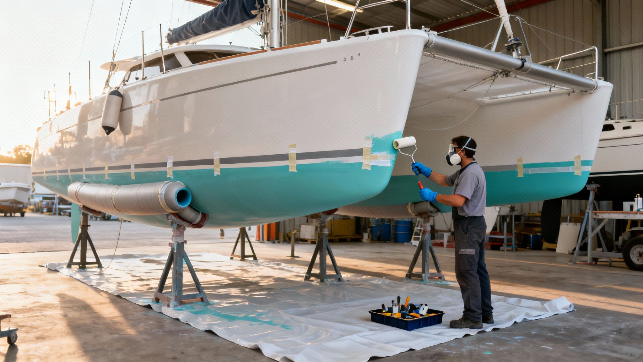 A man in a respirator mask paints the teal antifouling bottom of a white catamaran boat.