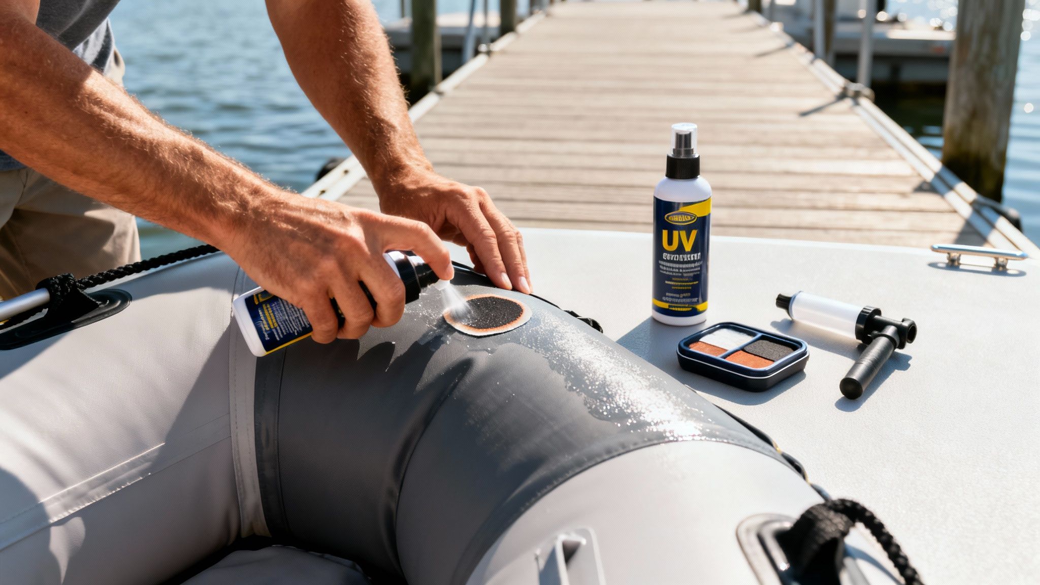 Person sprays cleaner on an inflatable boat with a patch, near UV protectant and repair tools.