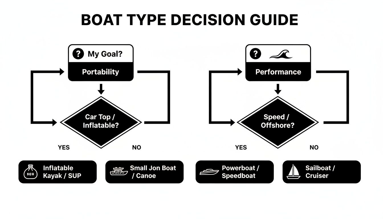 Flowchart guiding boat type selection based on portability or performance, leading to kayaks, canoes, powerboats, or sailboats.
