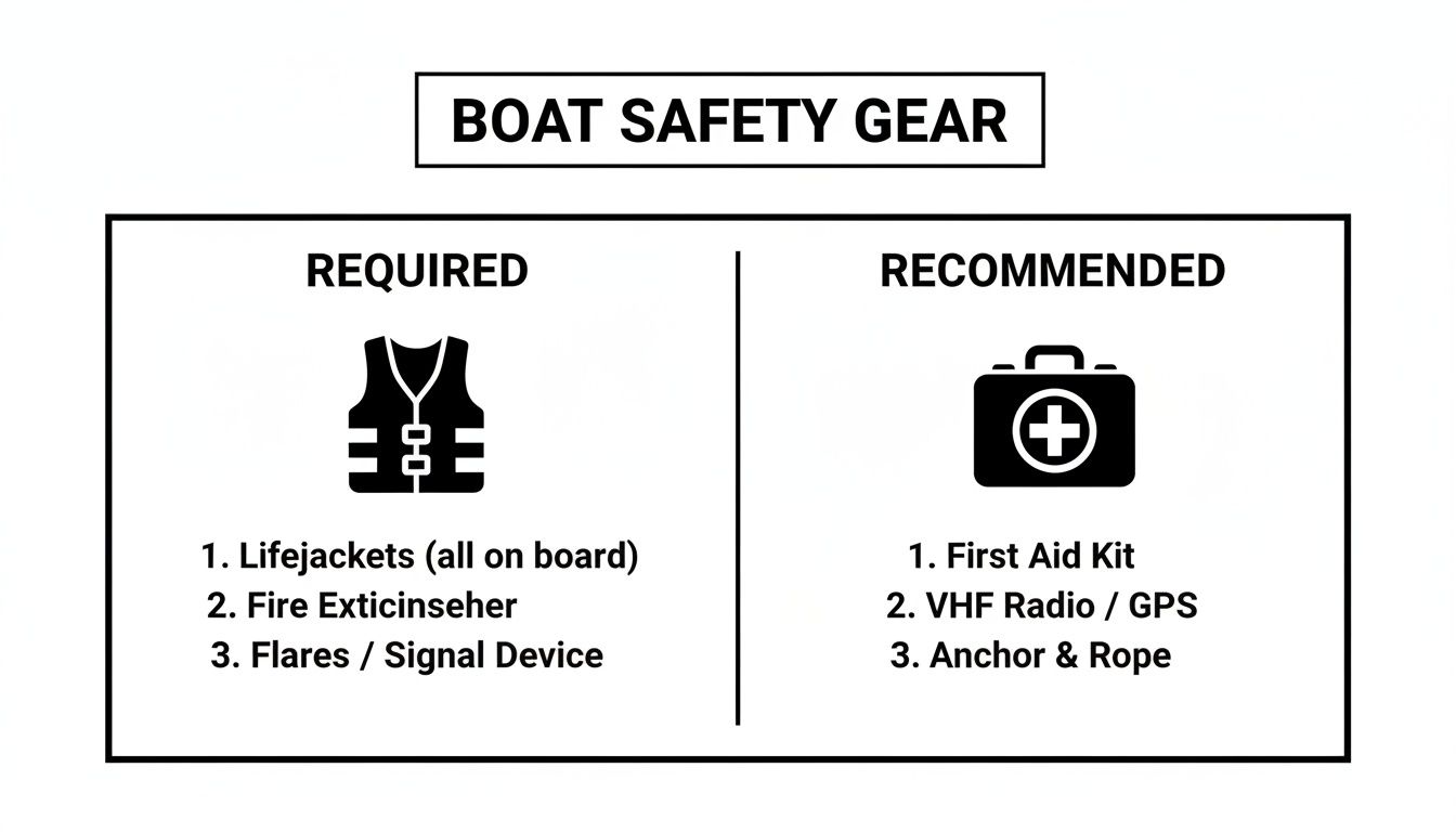 A clear visual checklist categorizing required and recommended boat safety equipment for safe travel.