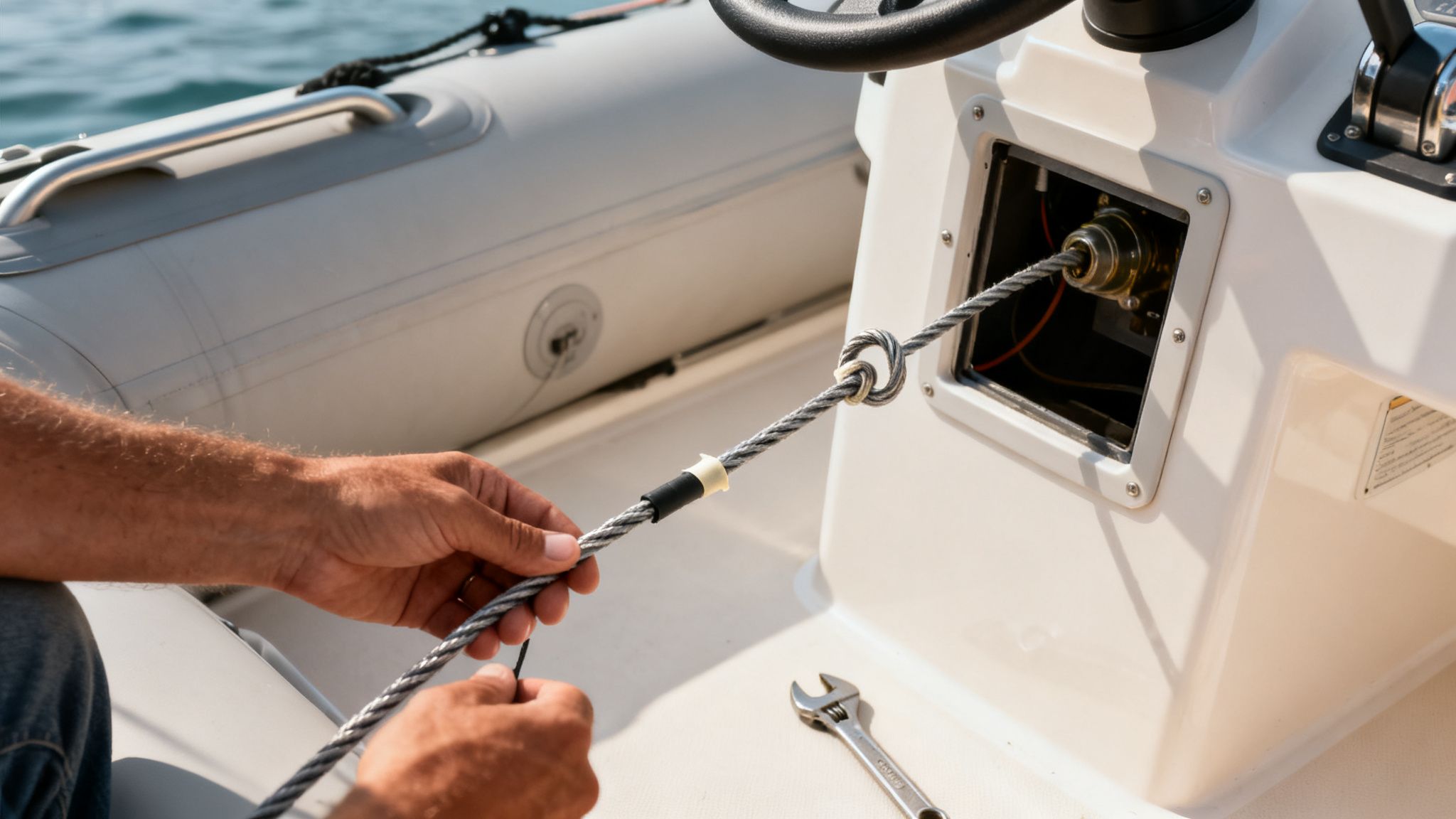 Hands connect a braided boat steering cable into the vessel's control panel, a wrench nearby.