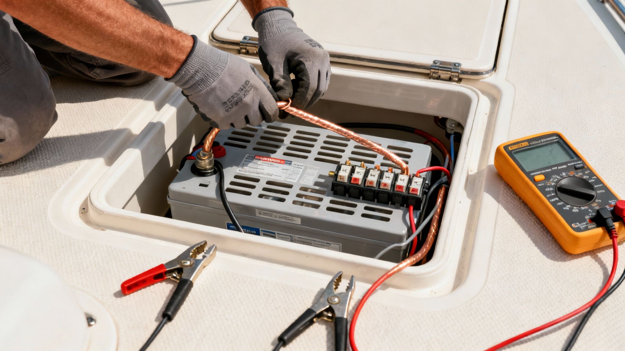 Technician installing a marine battery and charger system in a boat