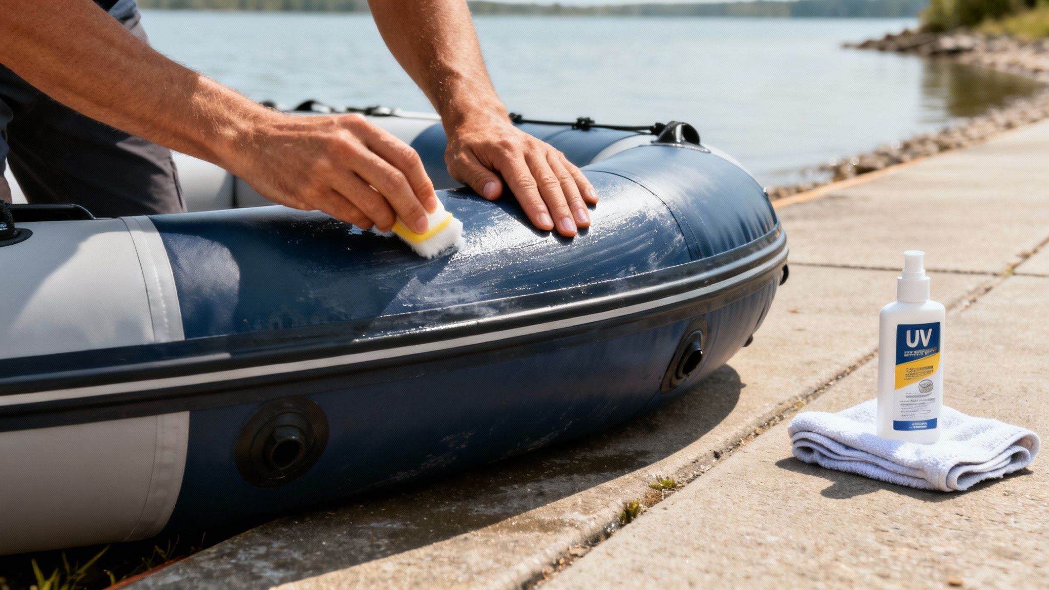 A person applies UV protectant to a blue and white inflatable boat with a sponge near water.
