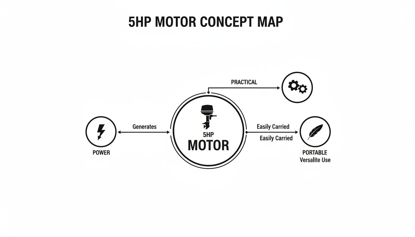 A concept map illustrating the features of a 5HP outboard motor, highlighting power generation, practicality, and portability.