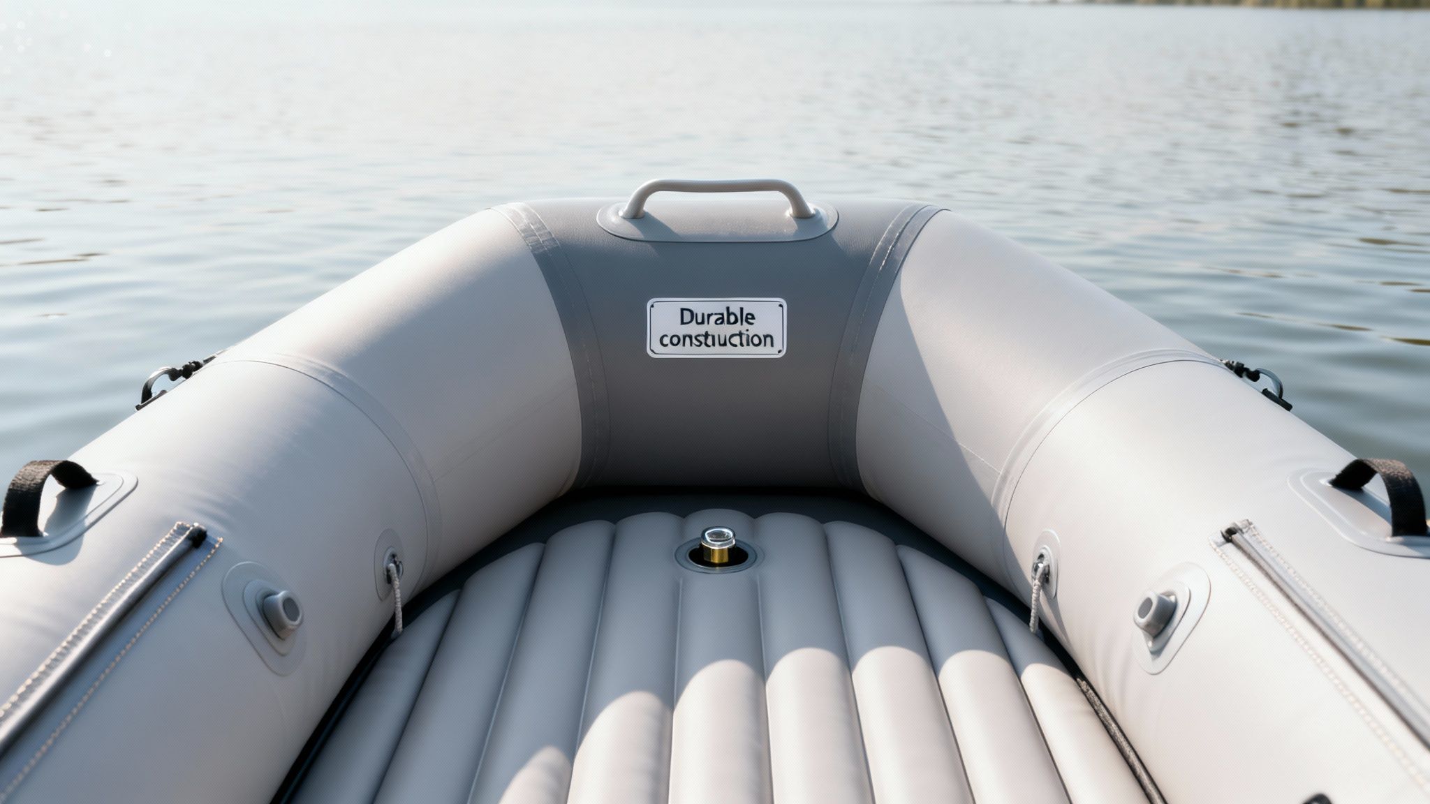Close-up of the front of a grey inflatable boat on calm water, showing a 'Durable construction' label.