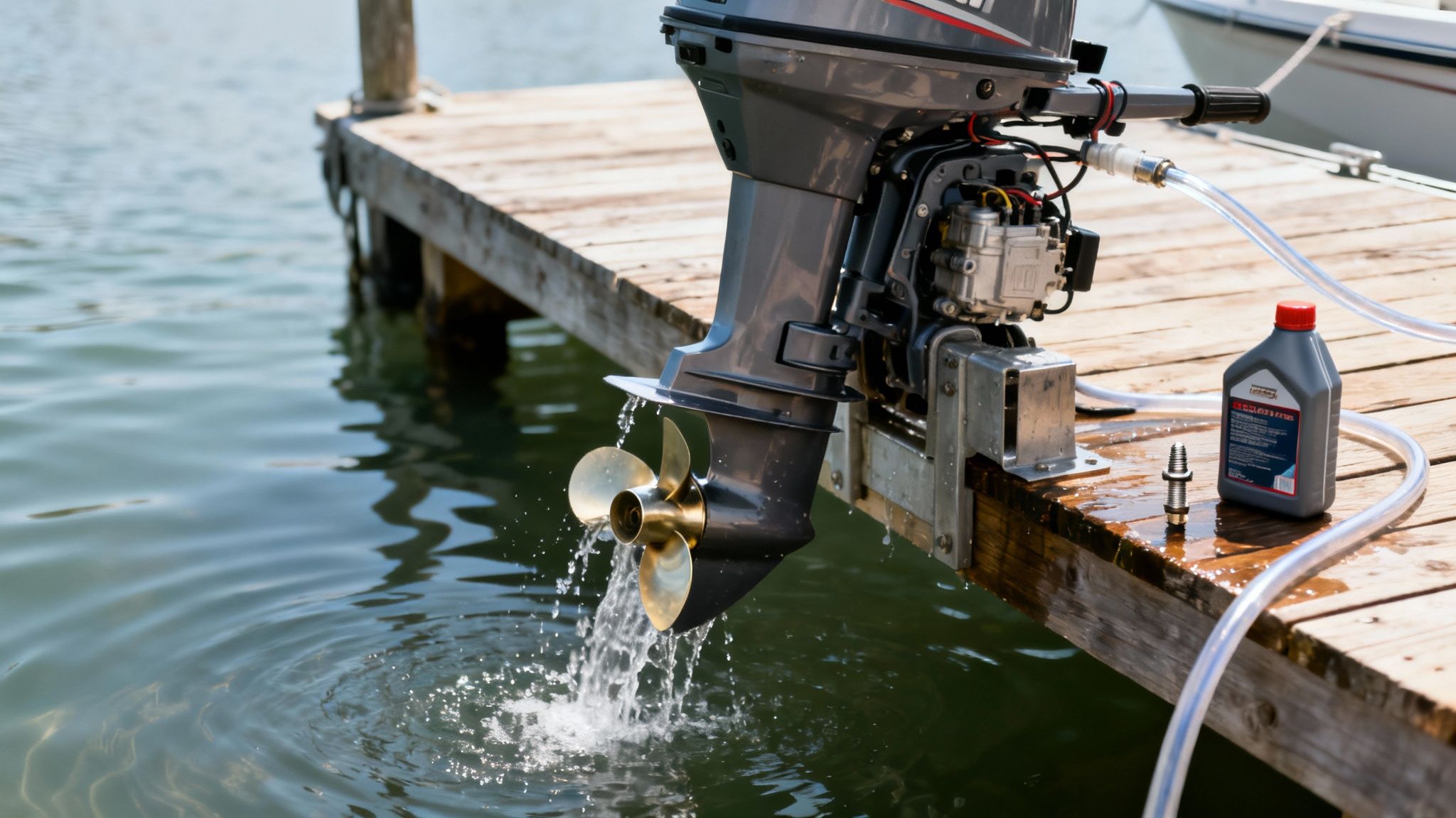 An outboard boat engine is being flushed with water while attached to a wooden dock.