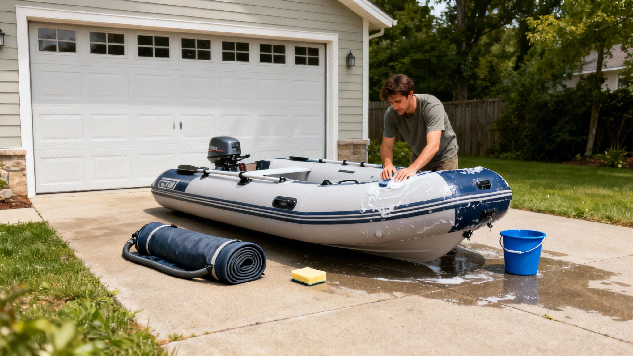 A man diligently washes a gray and blue inflatable boat on a driveway.