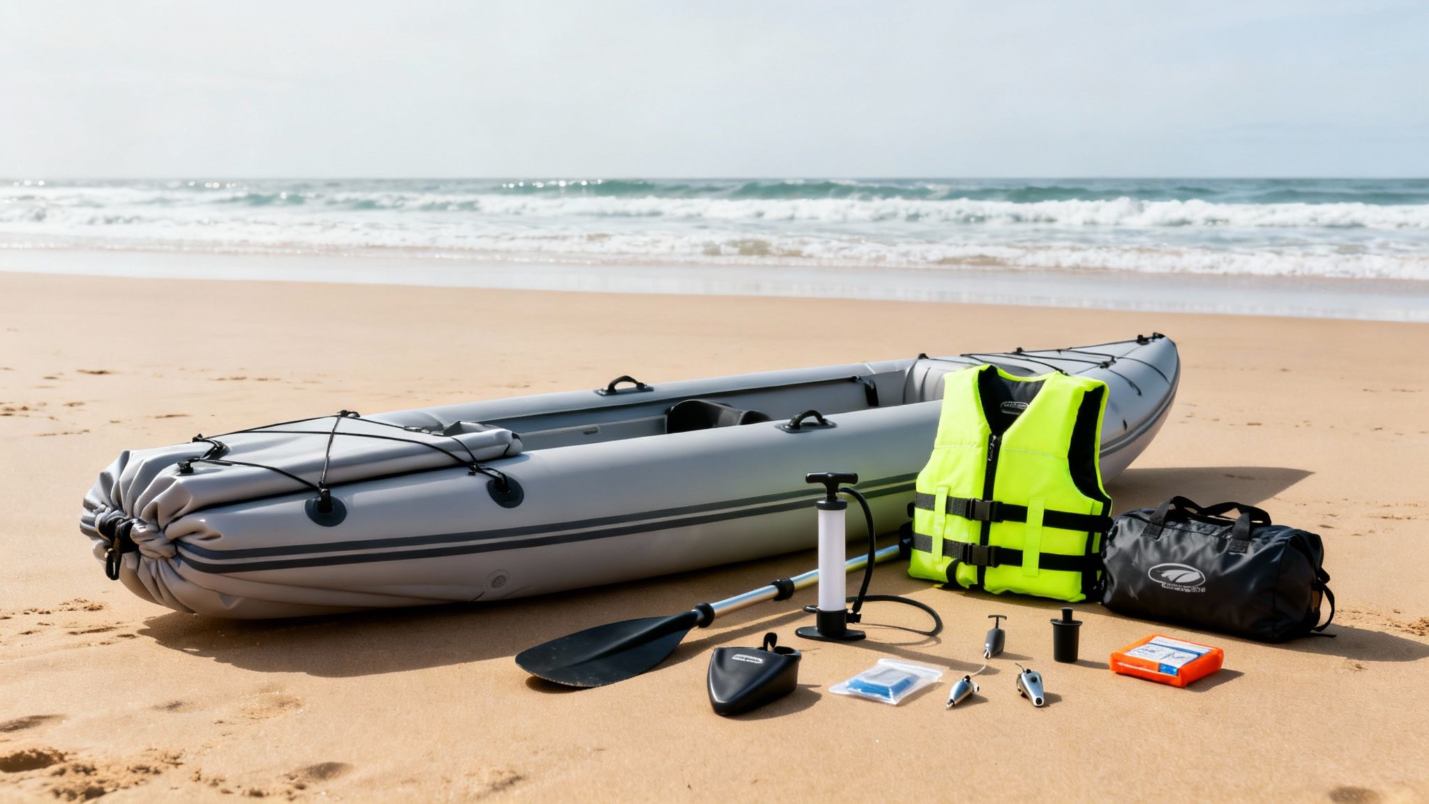 Inflatable kayak and essential accessories including a paddle and life jacket on a sandy beach.