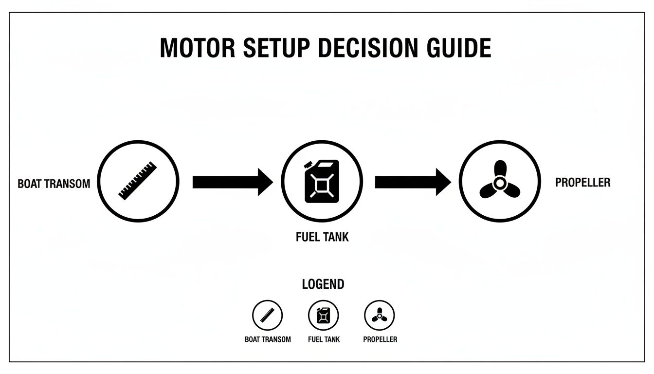 Diagram illustrating boat motor setup decisions, showing transom, fuel tank, and propeller components.
