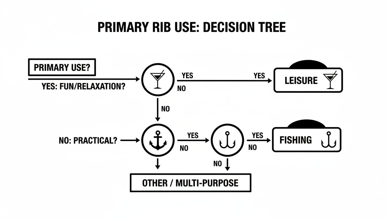 Decision tree flowchart illustrating primary uses for rigid inflatable boats: Leisure, Fishing, or Other/Multi-Purpose.