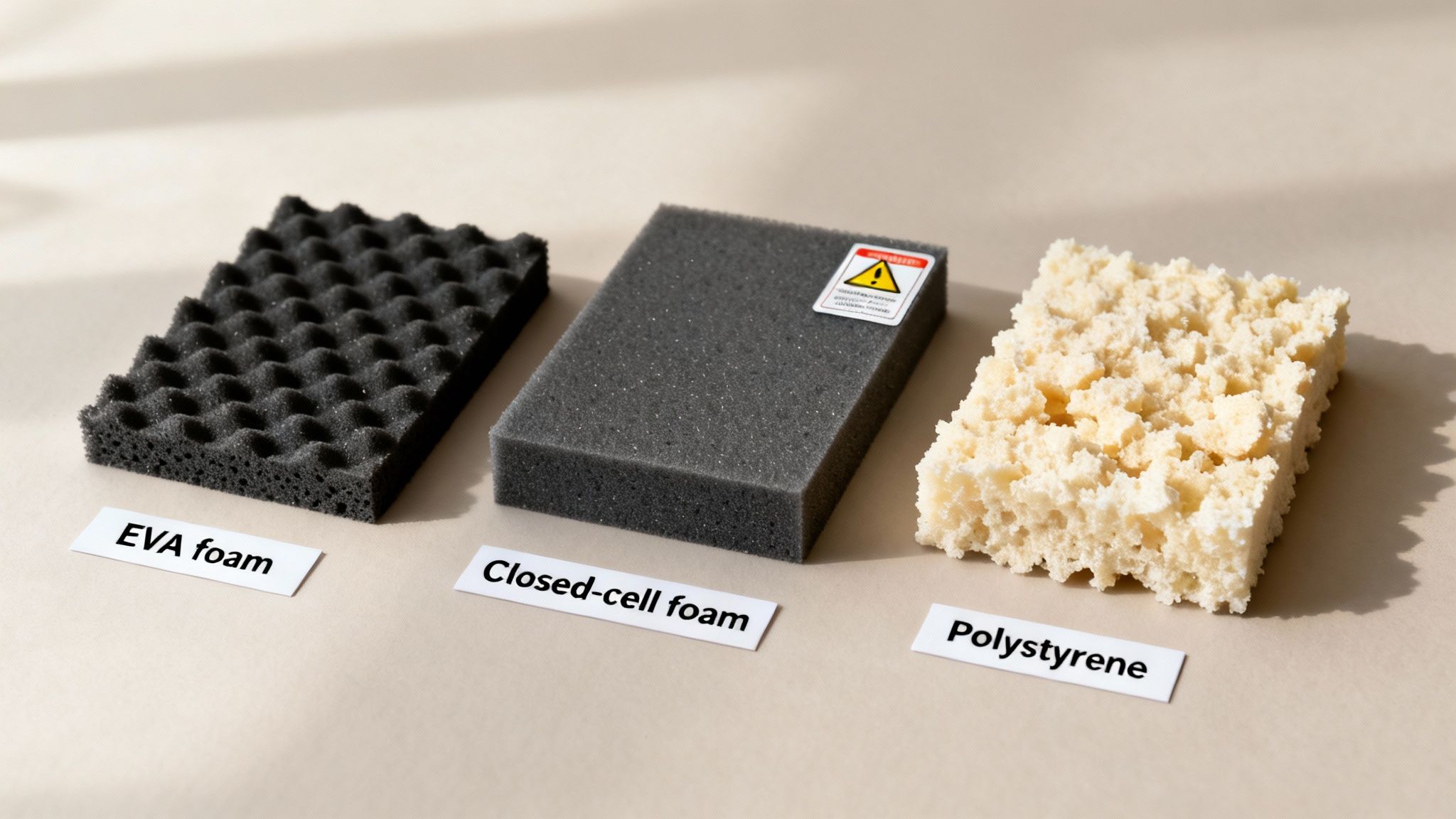 Three distinct foam types: black EVA foam, grey closed-cell foam with a sticker, and light beige polystyrene foam, each labeled.