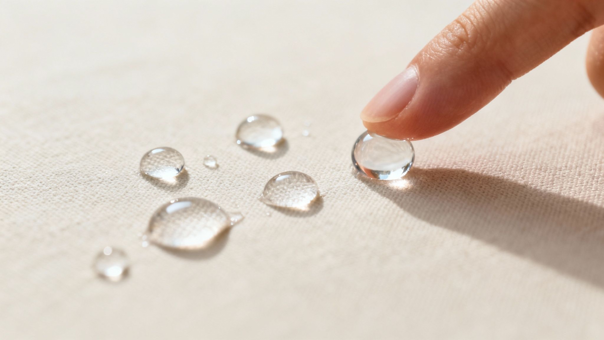 A finger gently touches a large, clear water droplet on a light-colored, water-repellent fabric surface.