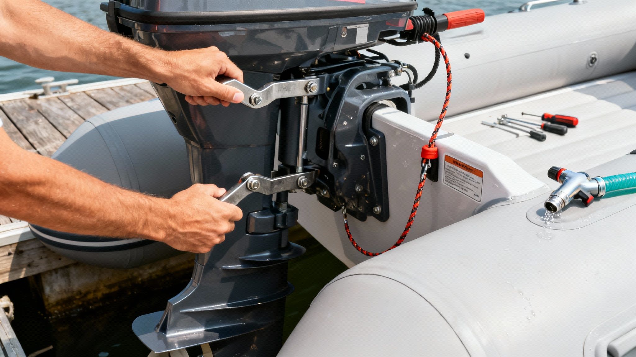 Close-up of a person's hands adjusting an outboard motor on an inflatable boat with tools nearby.