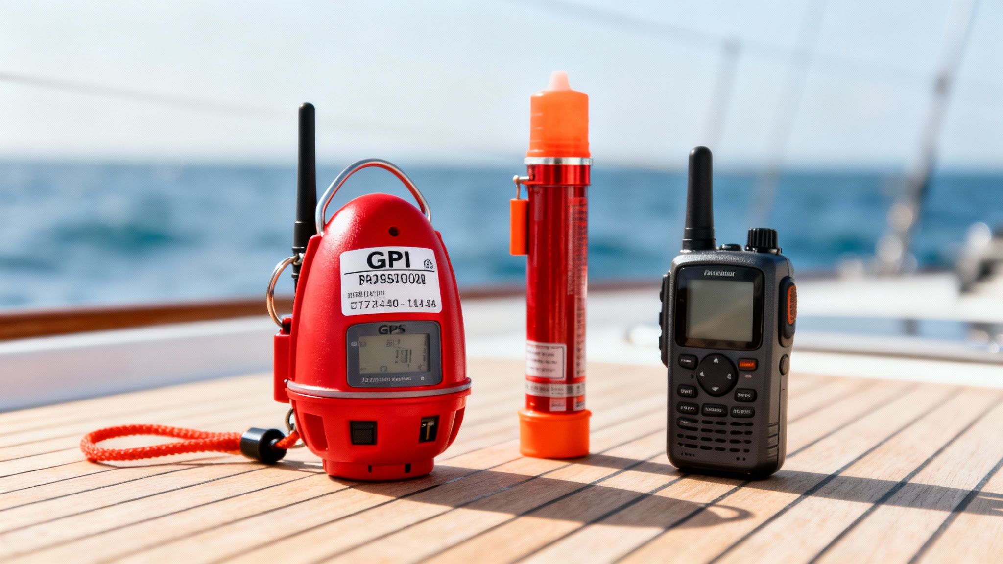 Three marine safety devices: a red emergency beacon, a red signal flare, and a black handheld radio on a boat deck.