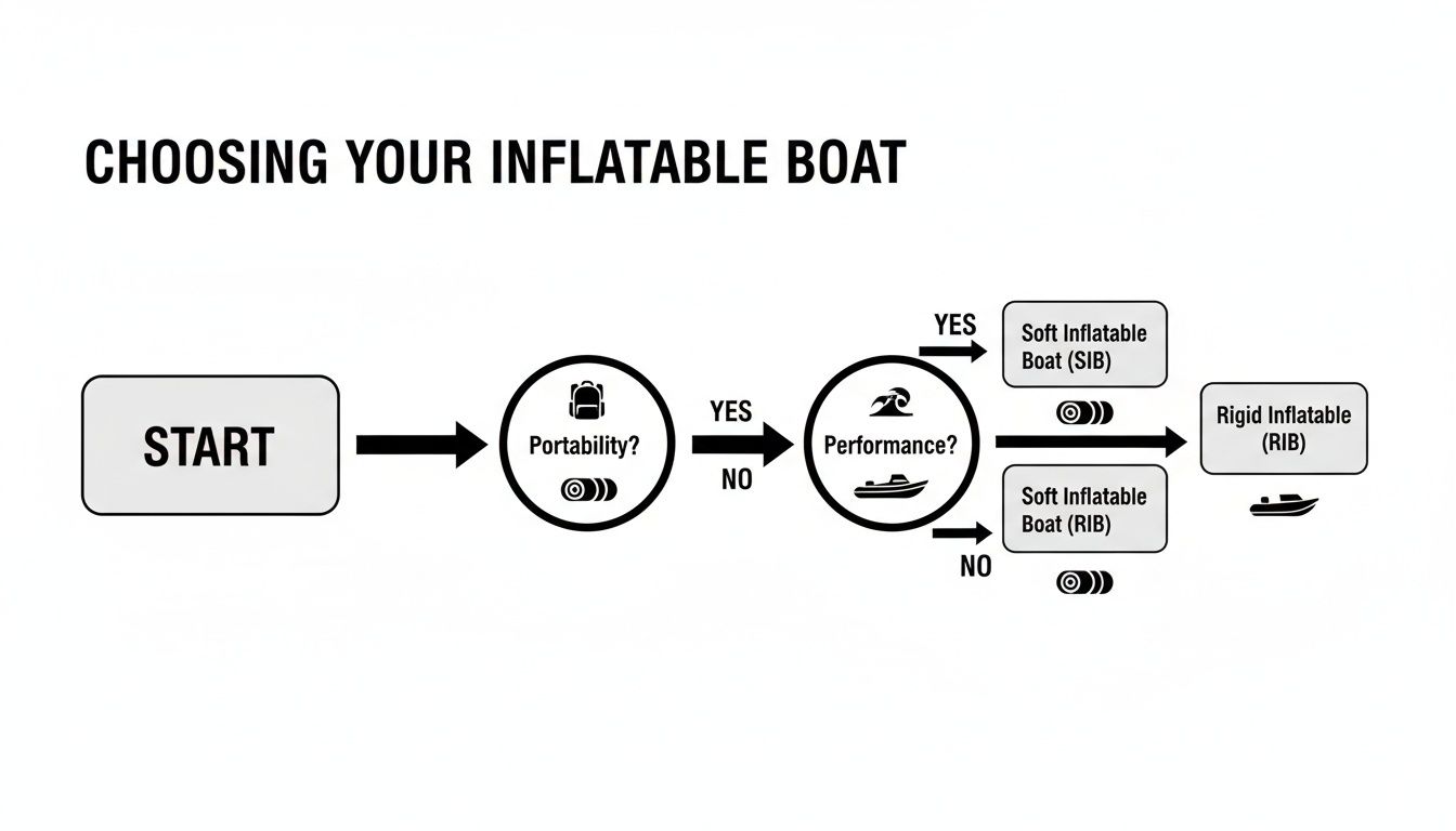 A flowchart showing how to choose an inflatable boat based on portability and performance.
