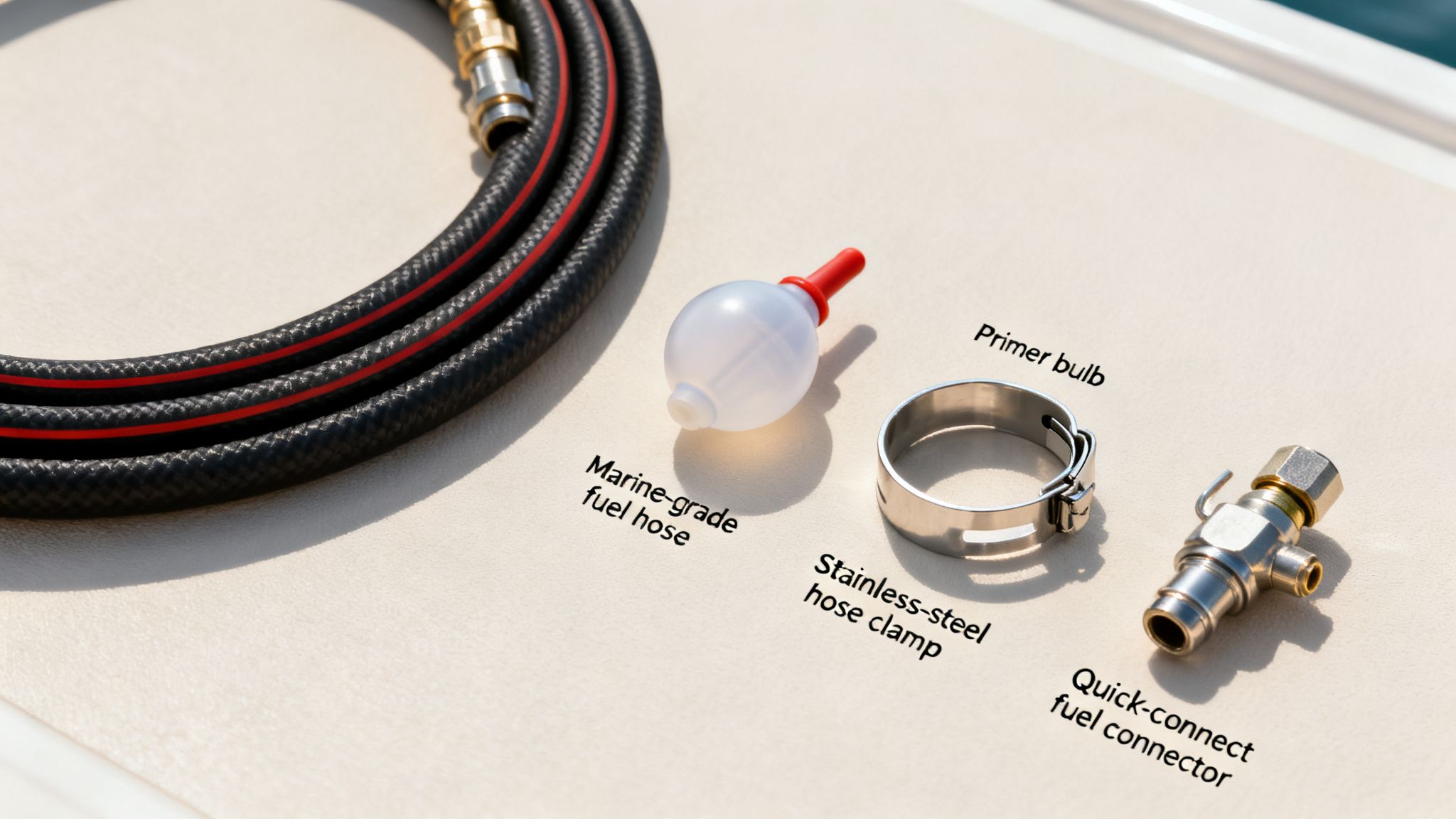 Marine fuel system components displayed: a coiled hose, primer bulb, hose clamp, and quick-connect fuel connector.