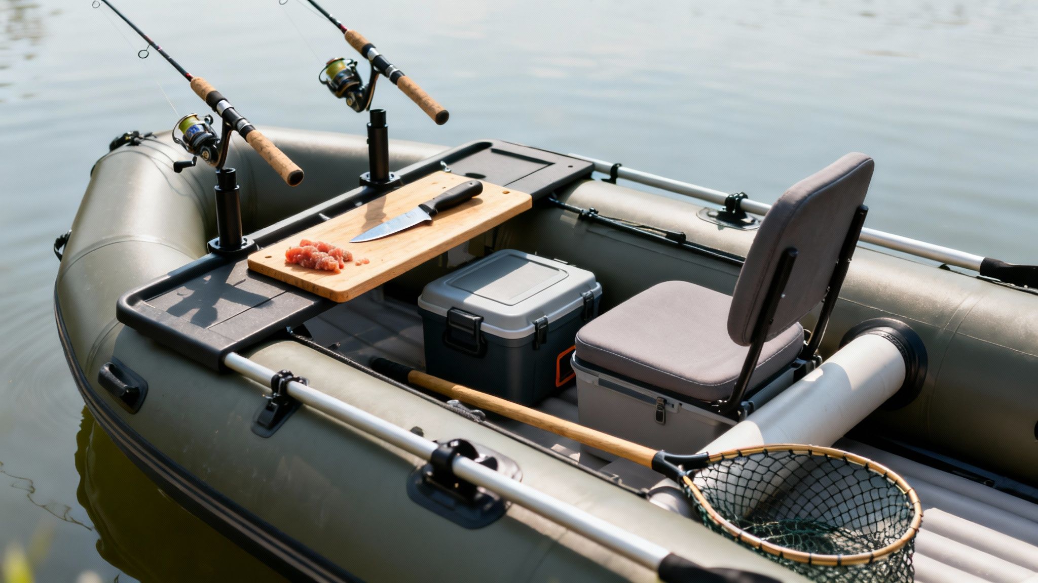 Inflatable fishing boat interior with fishing rods, bait, cooler, seat, and landing net.