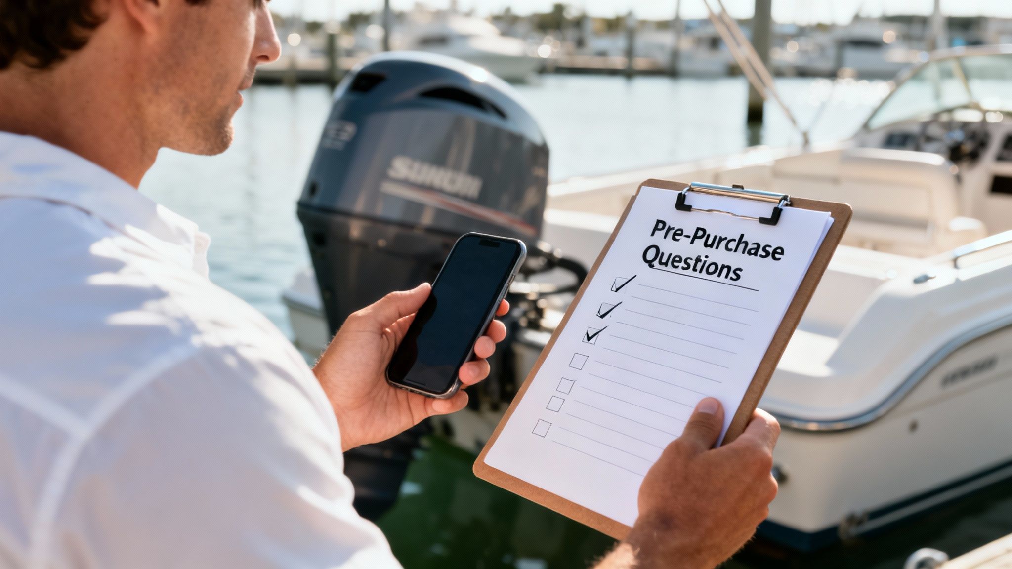 A person inspecting a used outboard boat motor with a checklist