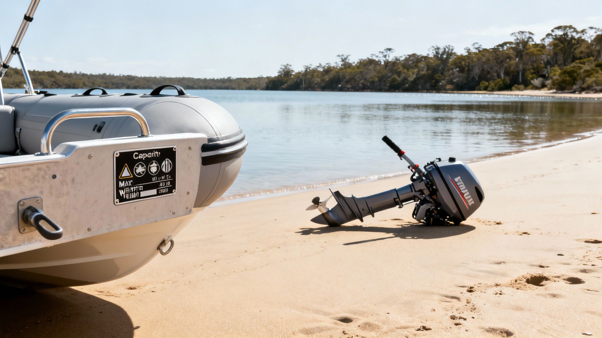 An inflatable boat and an outboard motor rest on a sandy beach next to calm water and trees.