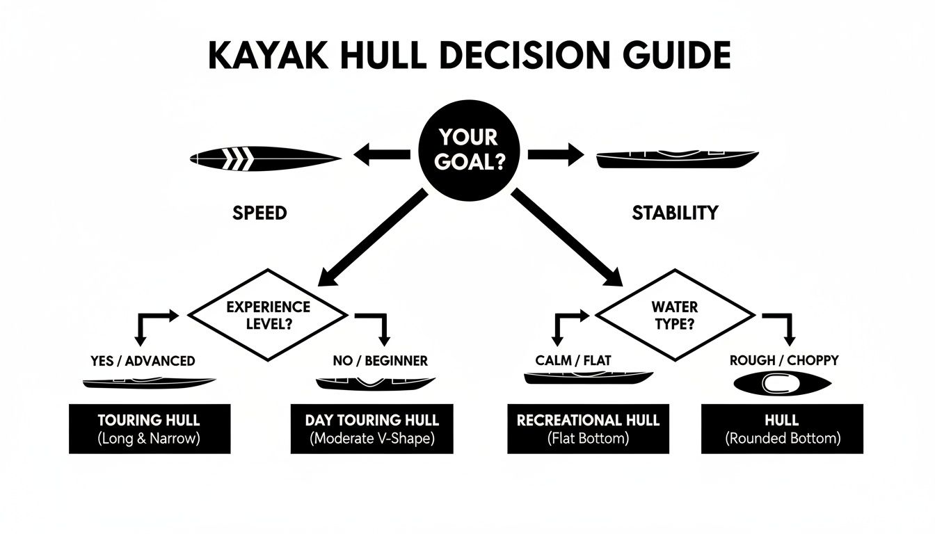 A kayak hull decision guide flowchart showing different hull types based on goals like speed or stability.