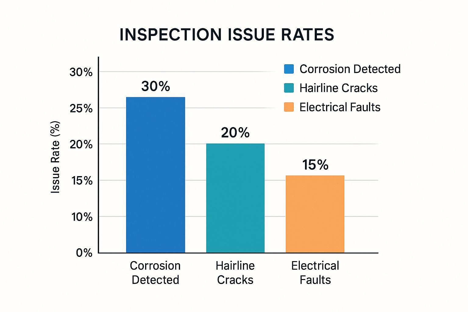 Infographic bar chart showing common issues found during used outboard motor inspections, including corrosion, hairline cracks, and electrical faults.