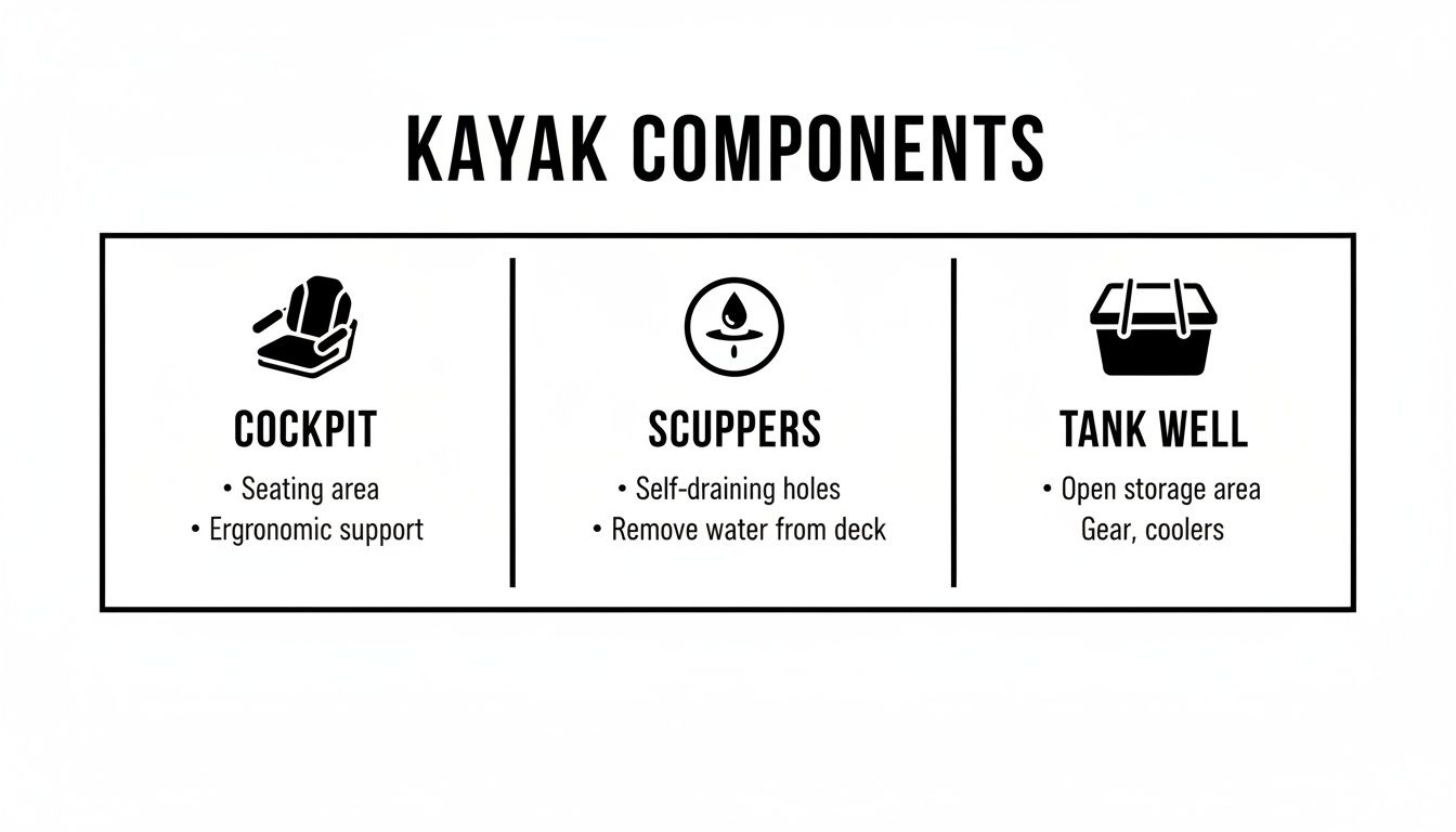 An infographic detailing essential kayak components: cockpit, scuppers, and tank well with descriptions.